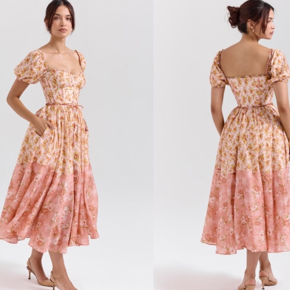 House of CB Pink Floral Puff-Sleeve Midi Dress